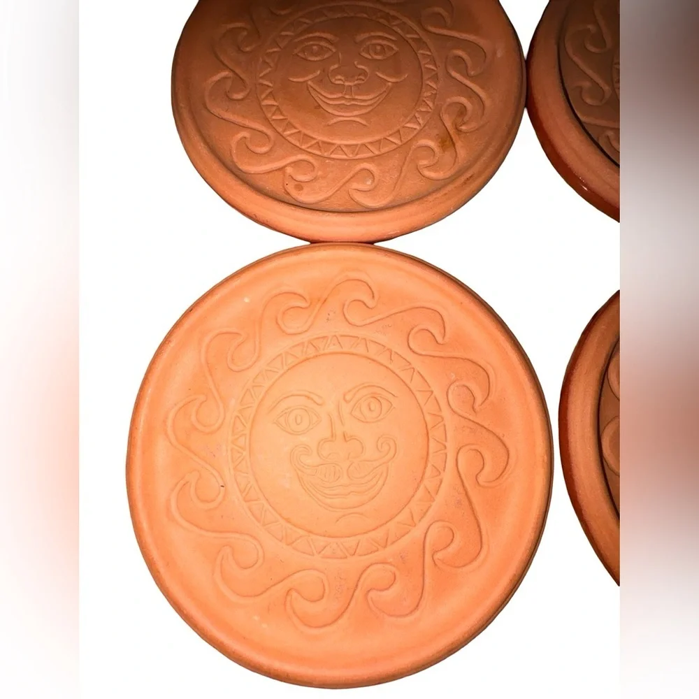 Vintage Wieland Terra Cotta Sun Face Coaster Set w/ Holder 6 Southwestern Decor